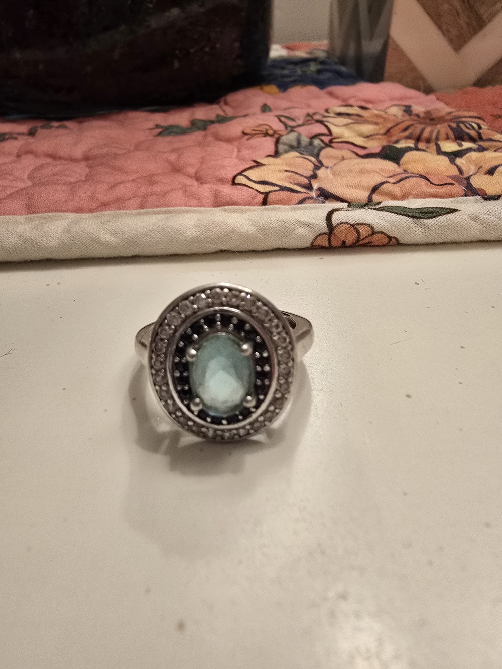 925 Sterling Silver Aqua Stone Oval Halo Ring - Women Jewelry